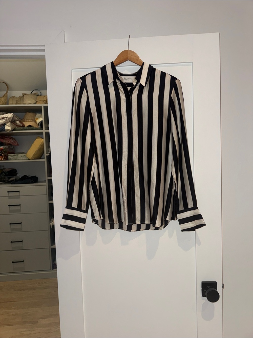 La Ligne 100% Silk Black and White Vertical Stripe Button-Down Shirt / Size M
